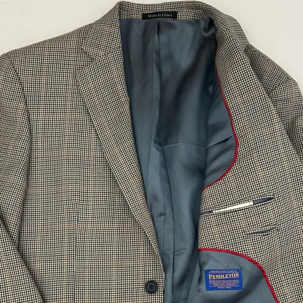 Pendleton Blazer Mens 42R Tan Houndstooth 100% Wool Sport Coat Jacket 2 Button